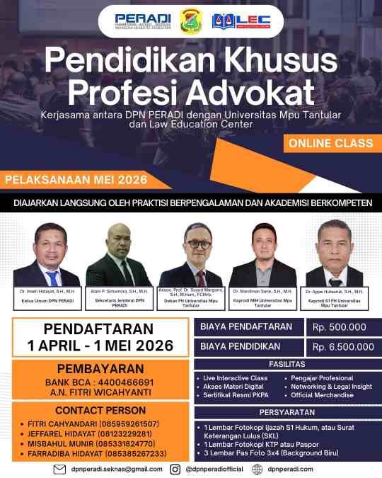 DPN PERADI Gandeng Universitas Mpu Tantular dan LEC Gelar Program PKPA 2026 untuk Meningkatkan Kompetensi Calon Advokat